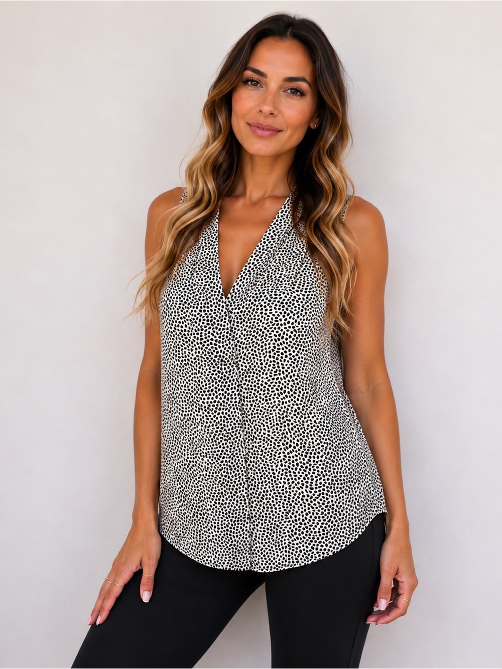 Vince Camuto Black and White Micro Dot Sleeveless V-Neck Camisole